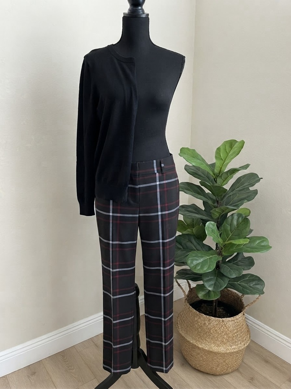 LOFT Black Plaid Straight-Leg Pants